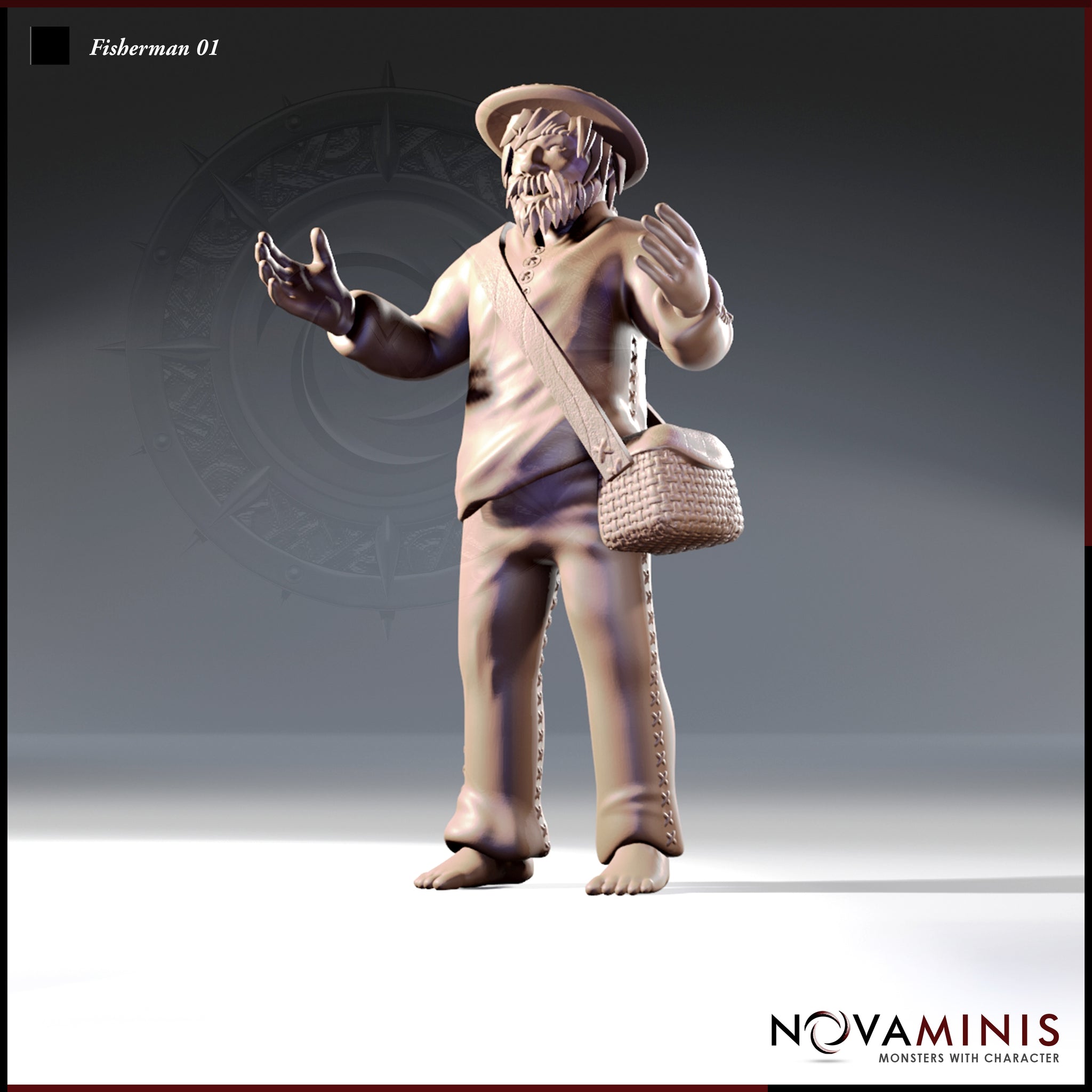 Novaminis Fisherman 01 — digital render of an unpainted 32mm resin miniature depicting a barefoot elderly fisherman with a wild beard, wide-brimmed hat, and wicker creel slung over his shoulder, arms spread in an expressive gesture