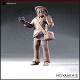 Front view of an unpainted resin 32mm miniature of a barefoot bearded fisherman wearing a wide-brimmed hat, loose shirt, and carrying a woven wicker basket on a shoulder strap, both arms raised mid-gesture