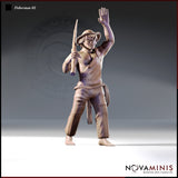 Novaminis Fisherman 02 — digital render of an unpainted 32mm resin miniature depicting a young barefoot fisherman in an open vest and wide-brimmed hat, one arm raised high and the other gripping a fishing pole, with coiled rope at his hip