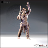 Novaminis Fisherman 02 — digital render of an unpainted 32mm resin miniature depicting a young barefoot fisherman in an open vest and wide-brimmed hat, one arm raised high and the other gripping a fishing pole, with coiled rope at his hip