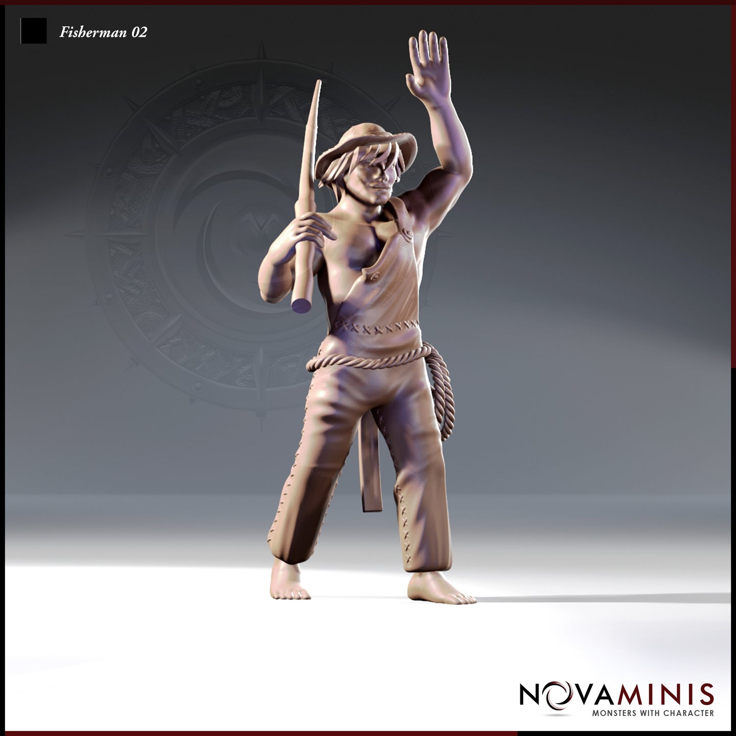 Front-facing digital render of Fisherman 02 miniature by Novaminis — a barefoot male figure in a wide-brimmed hat and open vest, one arm raised high and the other gripping a fishing pole low, with a thick rope looped at his hip and stitched trousers, shown in unpainted grey resin at 32mm scale