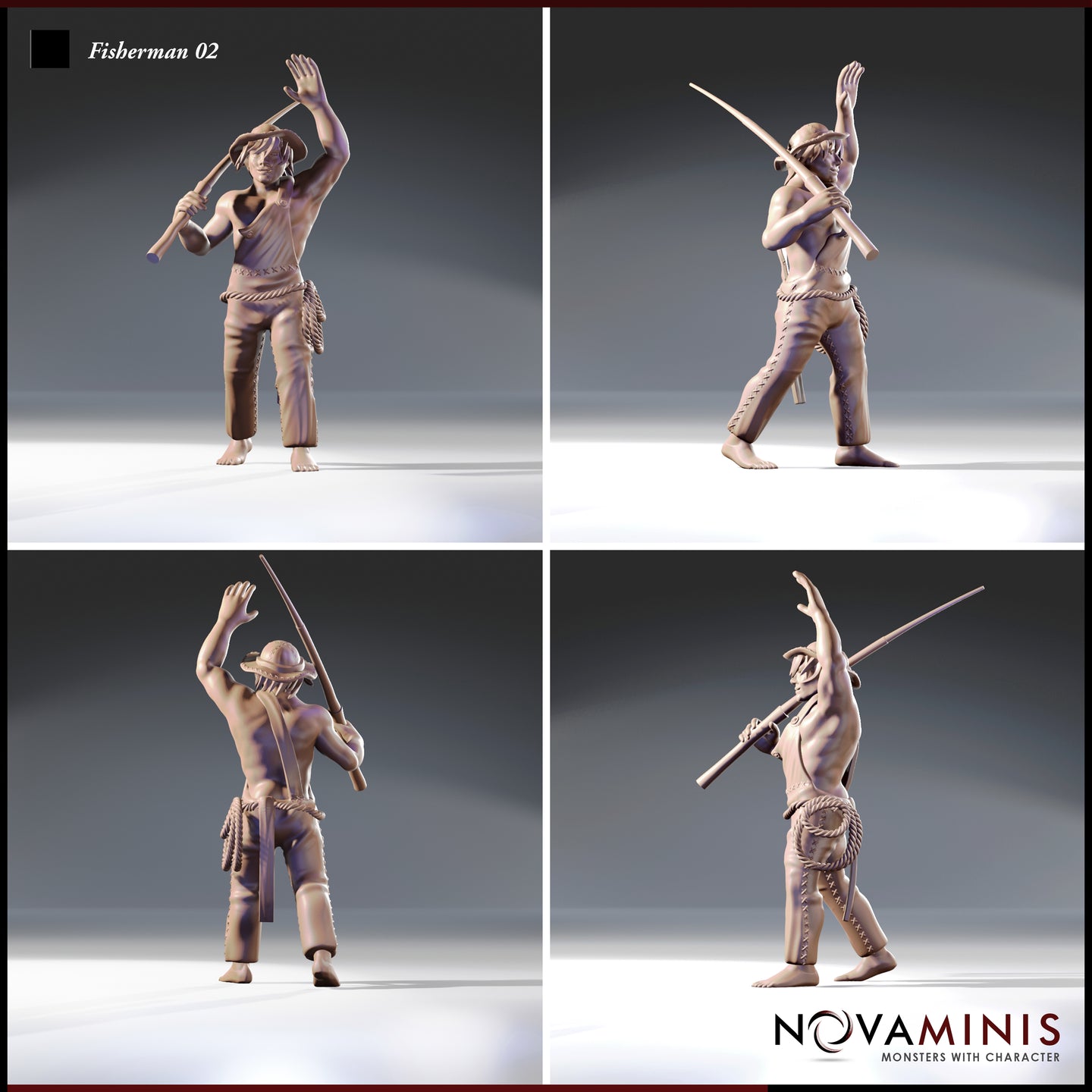 Four-angle digital render sheet of Fisherman 02 by Novaminis showing front, back, and side views — barefoot male fisherman in battered hat with arm raised in warning, clutching a long pole, rope belt visible from all angles, unpainted grey resin at 32mm scale