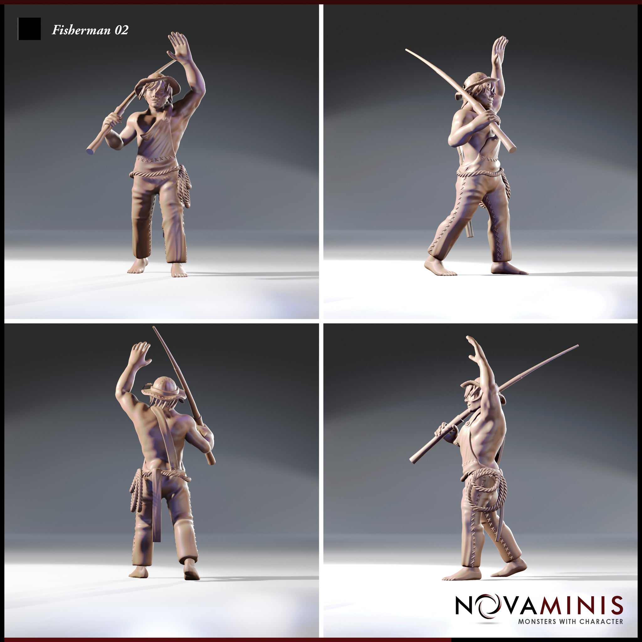 Four-angle digital render sheet of Fisherman 02 by Novaminis showing front, back, and side views — barefoot male fisherman in battered hat with arm raised in warning, clutching a long pole, rope belt visible from all angles, unpainted grey resin at 32mm scale