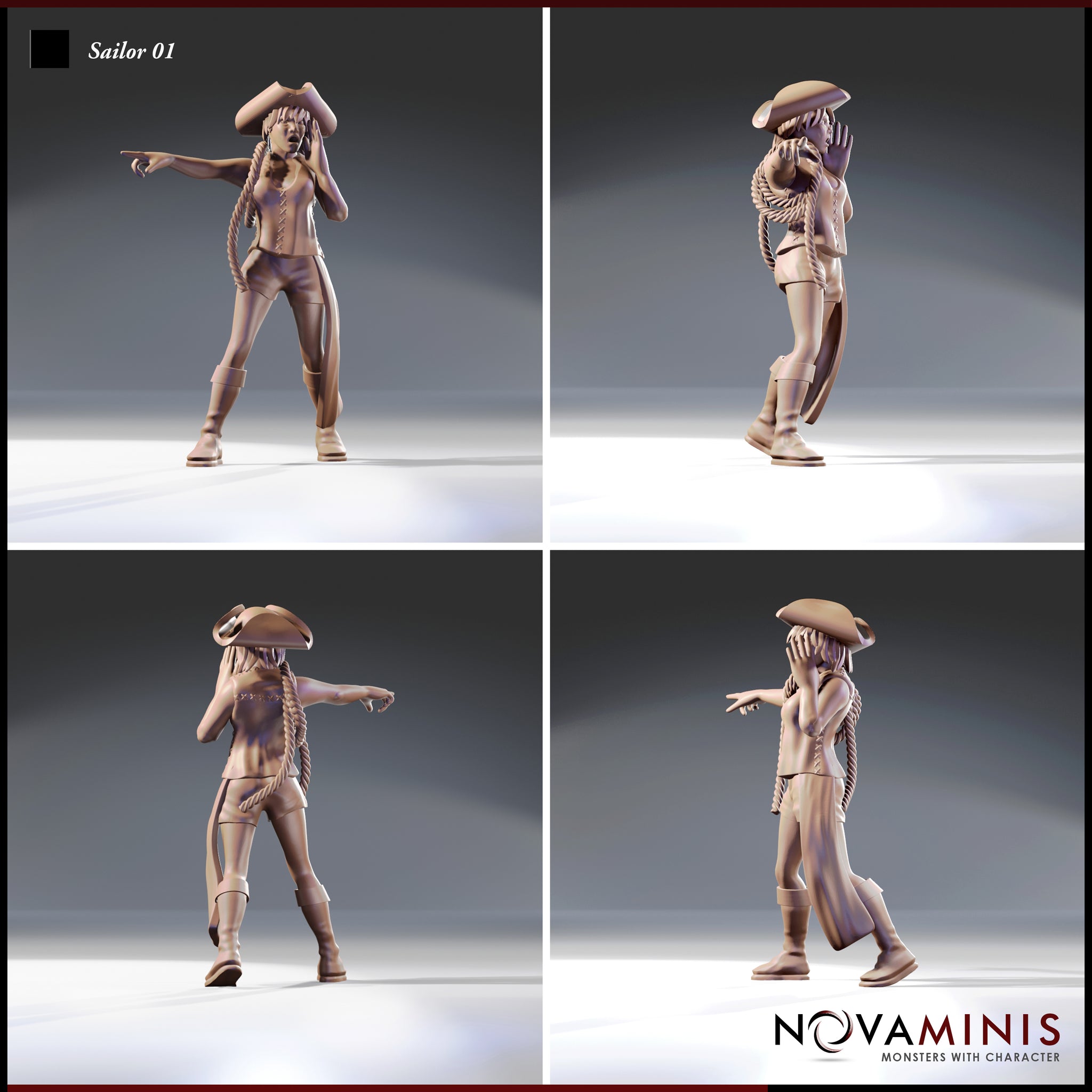 Four-angle digital render of Sailor 01 by Novaminis showing front, side, and rear views — female sailor miniature in tricorn hat with braided rope, laced vest, and wide-cuff boots, caught mid-shout with pointing gesture, 32mm scale unpainted resin miniature