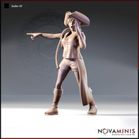 Digital render of Sailor 01 by Novaminis — a female human sailor in a wide-brimmed tricorn hat, laced bodice, and flared coat, pointing urgently with one arm outstretched and the other hand raised to her brow, a thick rope coil at her side, 32mm scale unpainted resin miniature