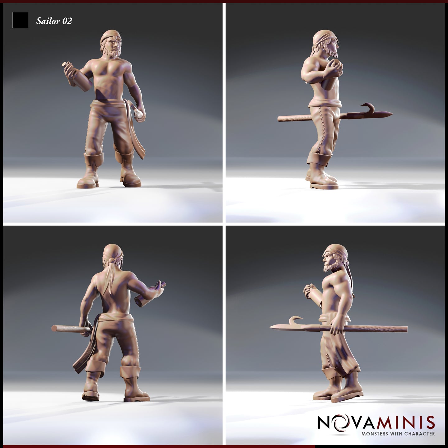 Four-angle render of Sailor 02 by Novaminis showing front, side, back, and three-quarter views of the bare-chested sailor miniature, displaying the hooked boarding spear, cloth headband, buckled boots, and confident brawler stance from all perspectives