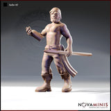 Front view of Sailor 02 miniature by Novaminis — a bare-chested bearded male sailor in a cloth headband and laced leather trousers, holding a bottle in one hand and a hooked boarding spear across his body, rendered in unpainted tan resin at 32mm scale