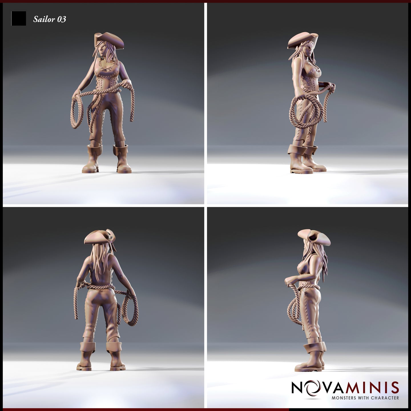 Four-angle turnaround render of Sailor 03 by Novaminis — showing front, side, back, and three-quarter views of the female pirate sailor miniature with tricorn hat, braided hair, laced corset, and a coil of ship's rope. Unpainted 32mm resin.
