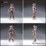 Four-angle turnaround render of Sailor 03 by Novaminis — showing front, side, back, and three-quarter views of the female pirate sailor miniature with tricorn hat, braided hair, laced corset, and a coil of ship's rope. Unpainted 32mm resin.
