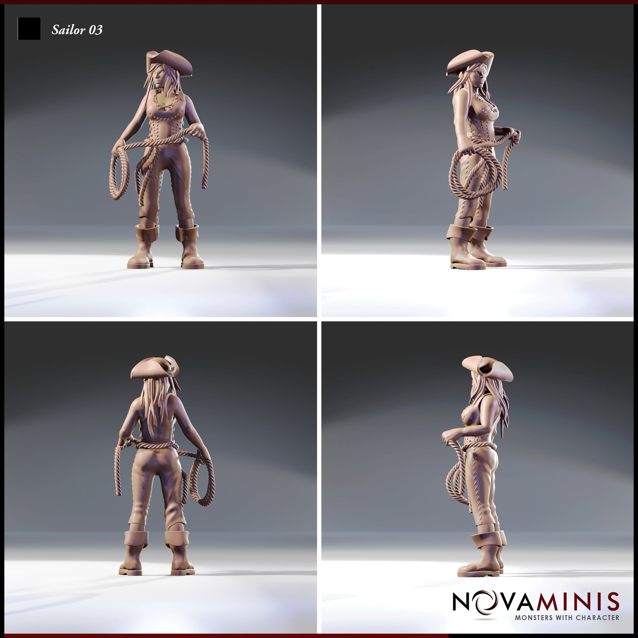 Four-angle turnaround render of Sailor 03 by Novaminis — showing front, side, back, and three-quarter views of the female pirate sailor miniature with tricorn hat, braided hair, laced corset, and a coil of ship's rope. Unpainted 32mm resin.