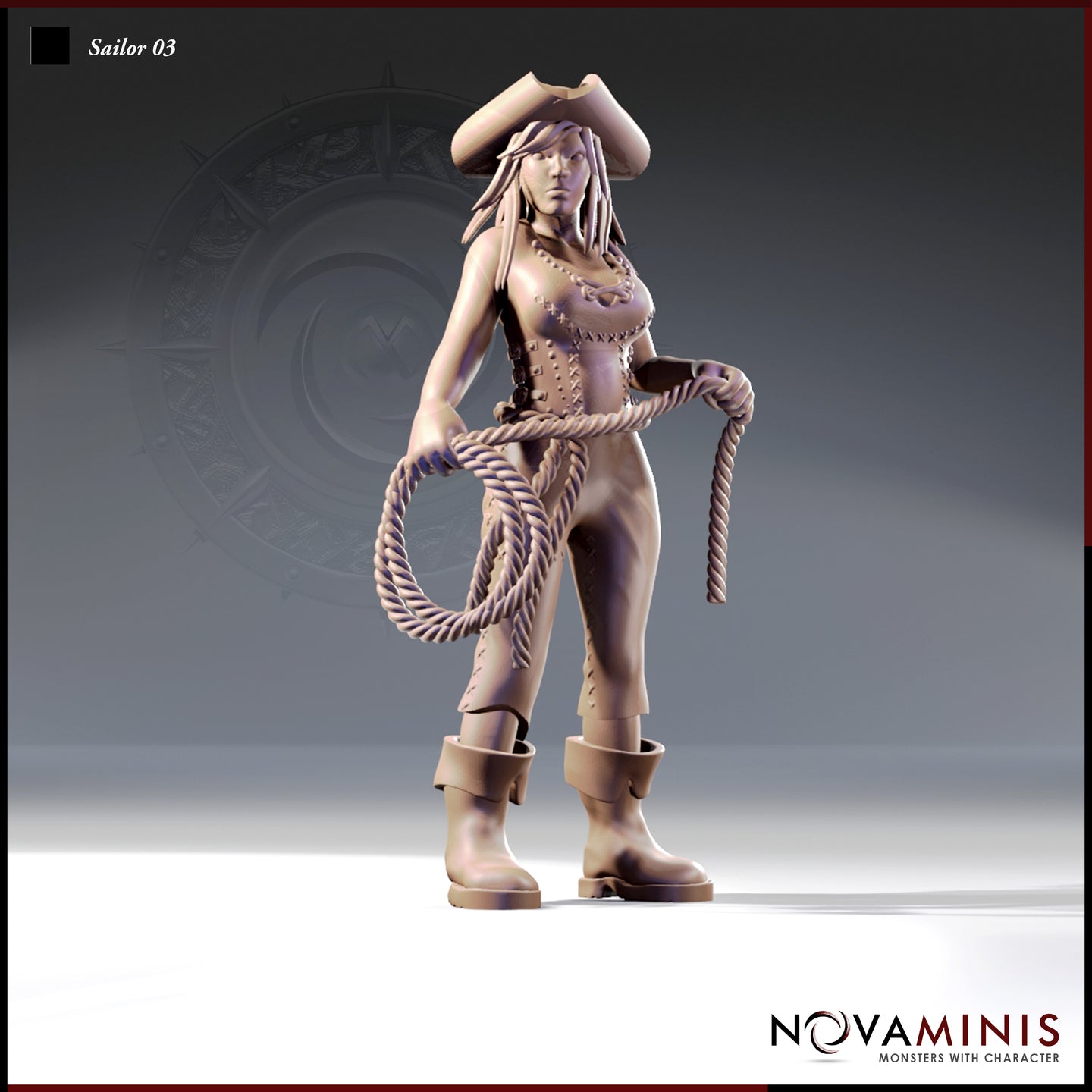 Front view of Sailor 03 — a 32mm unpainted resin miniature of a female pirate sailor in a tricorn hat, laced corset, and wide-cuffed boots, holding a large coil of twisted rope in both hands. Digital render by Novaminis.
