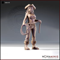 Front view of Sailor 03 — a 32mm unpainted resin miniature of a female pirate sailor in a tricorn hat, laced corset, and wide-cuffed boots, holding a large coil of twisted rope in both hands. Digital render by Novaminis.