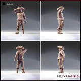 Four-angle turnaround render of Sailor 04 miniature showing front, back, and both side profiles — detailing the stitched shirt, peg leg, rope belt, tricorn hat, and bearded face sculpted by Novaminis