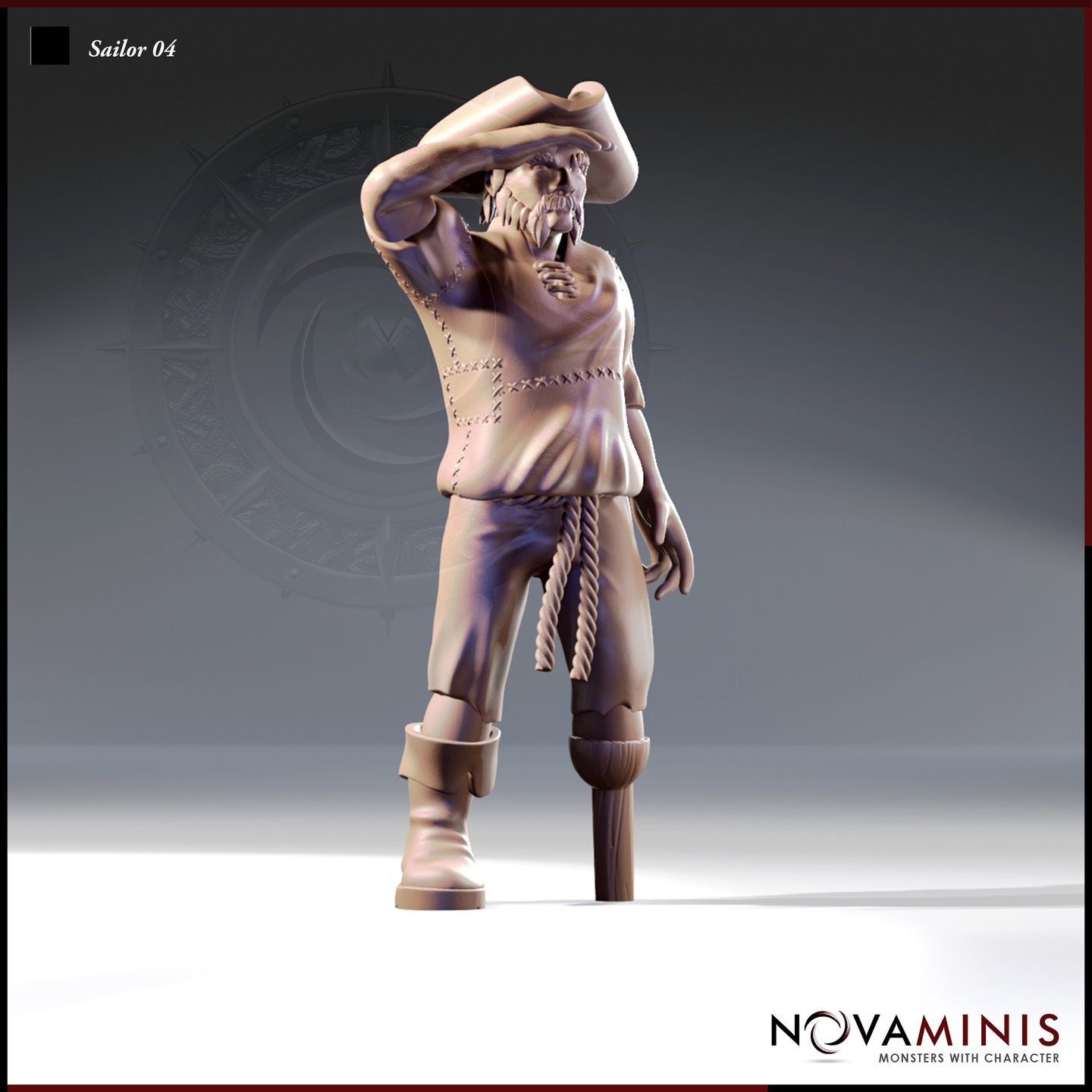 Front view of Sailor 04 — a 32mm unpainted resin miniature of a bare-chested, weathered sailor with a tricorn hat, rope belt, peg leg, and one hand raised to shade his eyes, sculpted by Novaminis