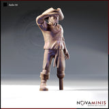 Front view of Sailor 04 — a 32mm unpainted resin miniature of a bare-chested, weathered sailor with a tricorn hat, rope belt, peg leg, and one hand raised to shade his eyes, sculpted by Novaminis