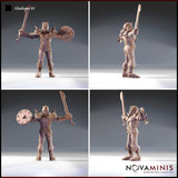 Gladiator 01 — four-angle render showing front, side, back, and three-quarter views of the male gladiator miniature with spiked pauldron, studded torso armour, round buckler, and raised falchion, highlighting sculpt detail across armour, boots, and facial expression
