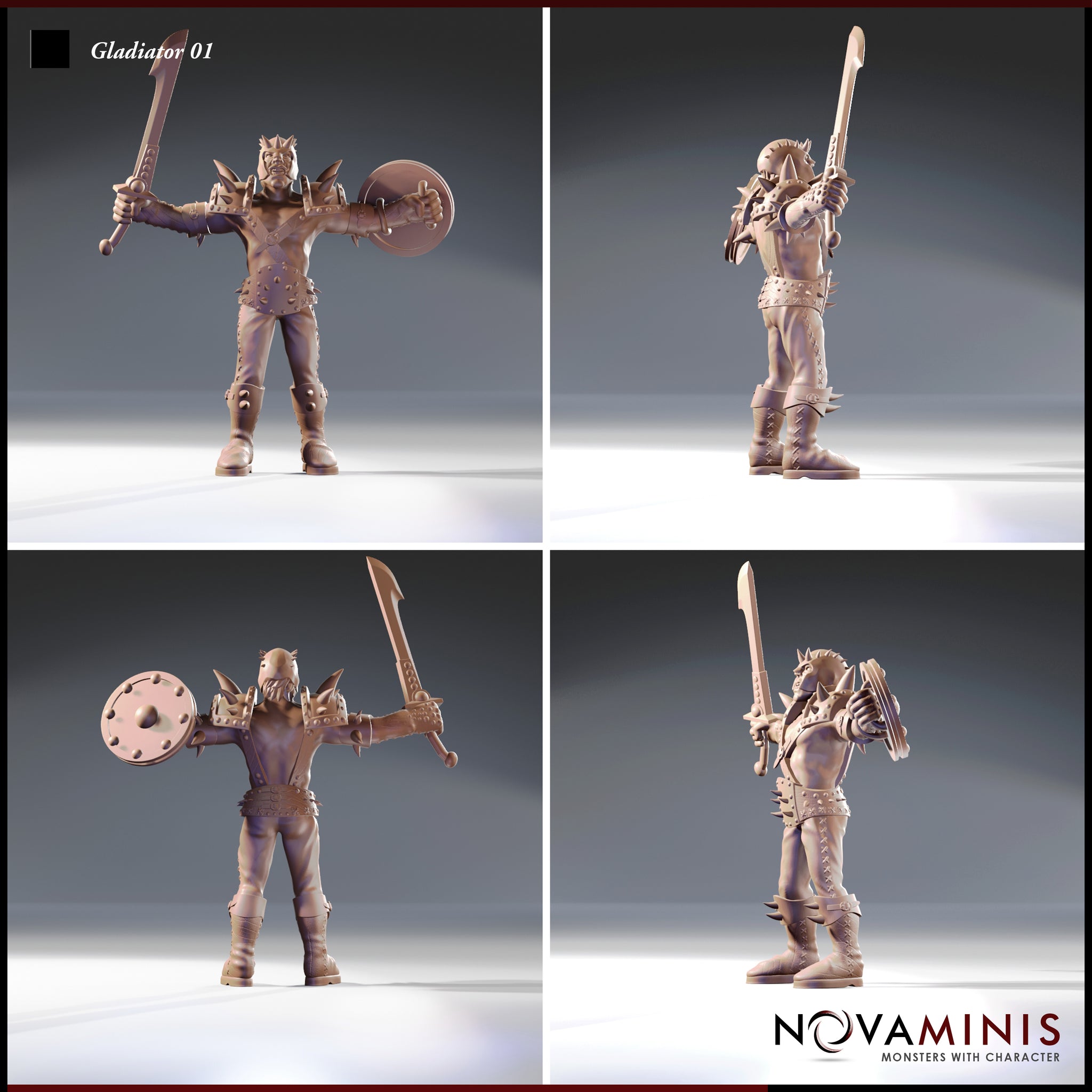 Gladiator 01 — four-angle render showing front, side, back, and three-quarter views of the male gladiator miniature with spiked pauldron, studded torso armour, round buckler, and raised falchion, highlighting sculpt detail across armour, boots, and facial expression