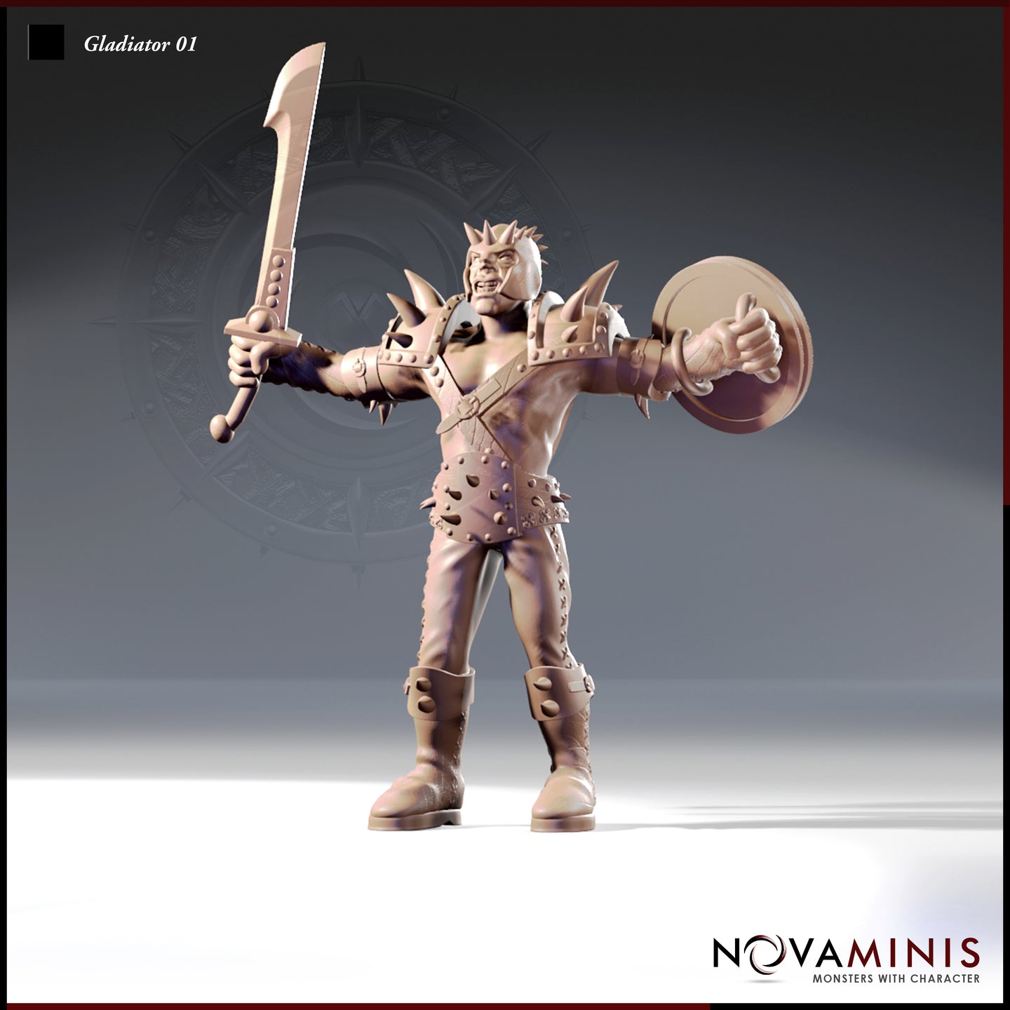 Gladiator 01 — 32mm resin miniature render showing a grinning male gladiator in spiked studded leather armour, raising a broad falchion in his right hand and extending a round buckler to the side with his left, wearing a spiked hair crown and heavy buckled boots