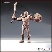 Novaminis Gladiator 01 — unpainted resin render showing a muscular male human gladiator in spiked leather armour, raising a broad sword in his right hand and holding a round buckler in his left, with a snarling expression and spiked pauldrons, viewed from the front at a slight angle