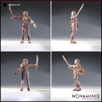 Four-angle digital render sheet of the Novaminis female gladiator 02 miniature showing front, side, rear, and three-quarter views — unpainted resin sculpt with broad sword, studded round shield, embossed belt armour, and close-fitting helm visible from all angles