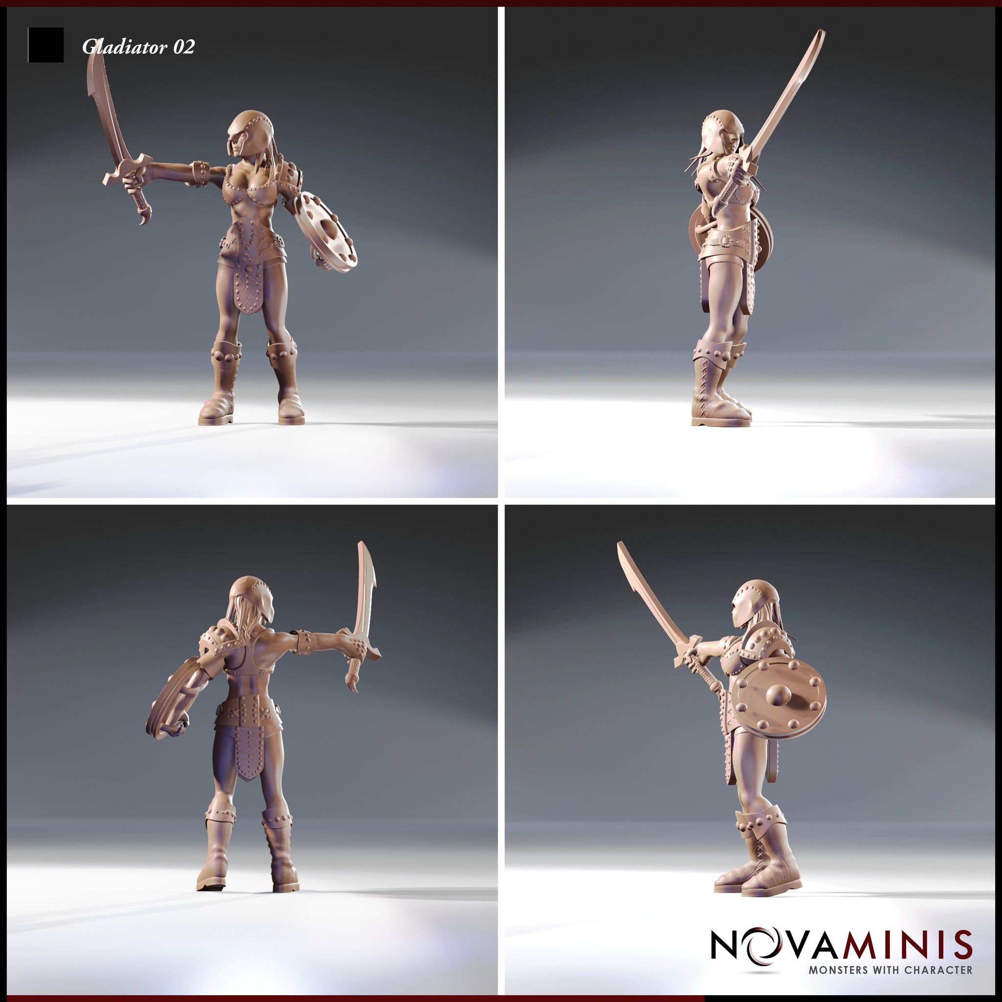 Four-angle digital render sheet of the Novaminis female gladiator 02 miniature showing front, side, rear, and three-quarter views — unpainted resin sculpt with broad sword, studded round shield, embossed belt armour, and close-fitting helm visible from all angles