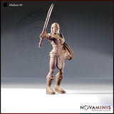 Digital render of an unpainted 32mm female gladiator miniature by Novaminis, posed with a broad sword raised overhead and a studded round shield held at her side, wearing embossed leather armour with lion motifs, bracers, and hobnailed greaves — front three-quarter view