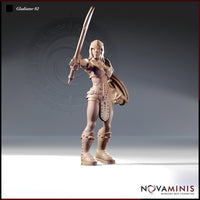 Digital render of an unpainted 32mm female gladiator miniature by Novaminis, posed with a broad sword raised overhead and a studded round shield held at her side, wearing embossed leather armour with lion motifs, bracers, and hobnailed greaves — front three-quarter view