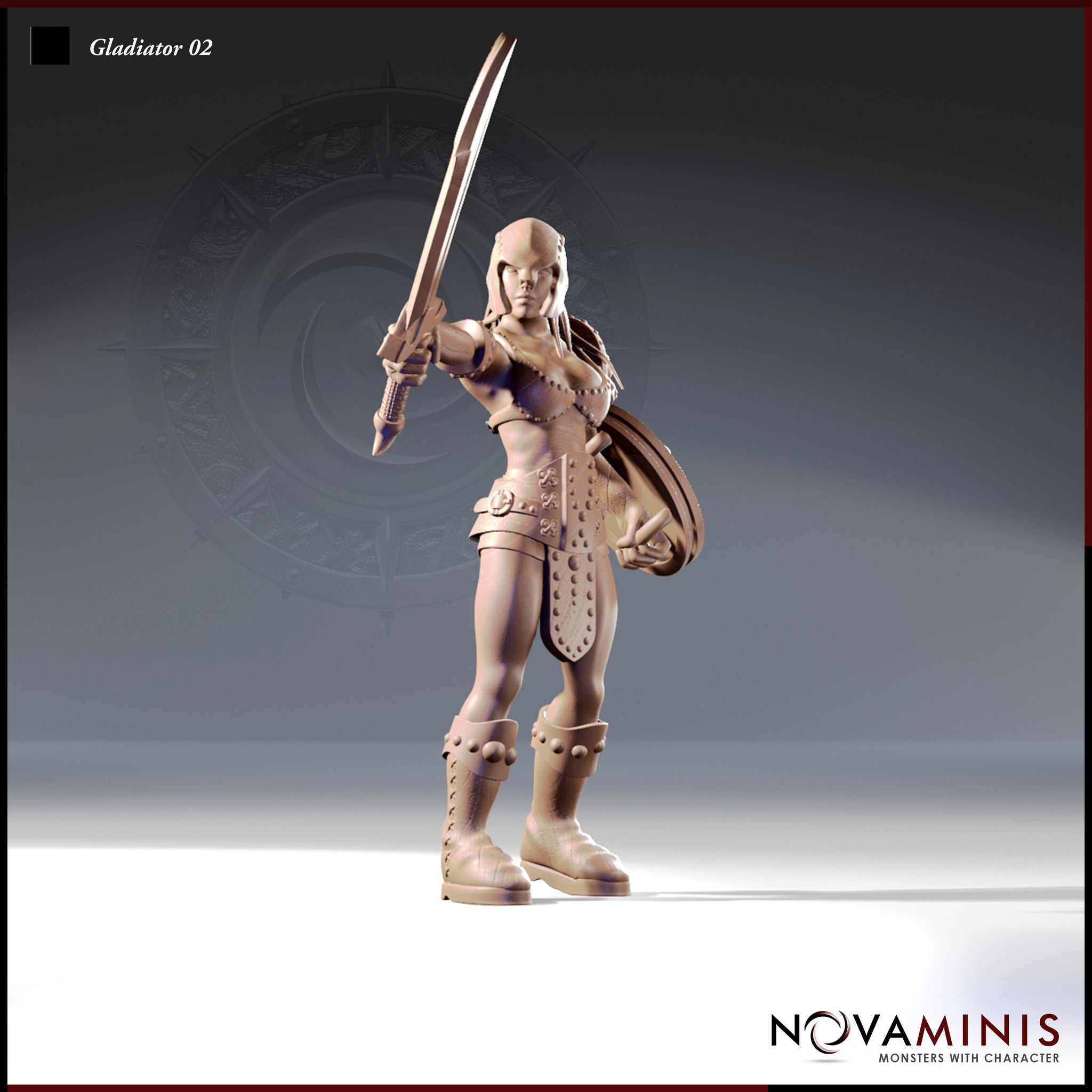 Digital render of an unpainted 32mm female gladiator miniature by Novaminis, posed with a broad sword raised overhead and a studded round shield held at her side, wearing embossed leather armour with lion motifs, bracers, and hobnailed greaves — front three-quarter view
