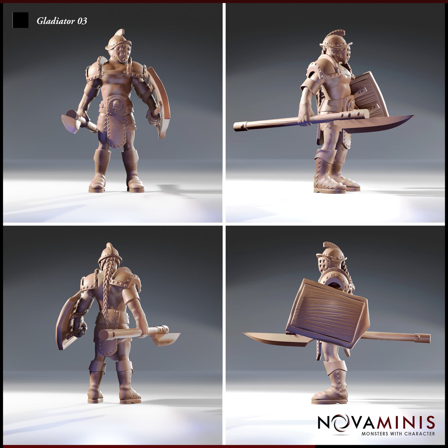 Four-angle digital render sheet of Gladiator 03 by Novaminis showing front, side, rear, and three-quarter views. The rear view reveals a long braid down the back. The side and three-quarter views show the full length of the axe haft and the pronounced bulk of the tower shield. Unpainted resin render.