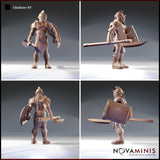 Four-angle digital render sheet of Gladiator 03 by Novaminis showing front, side, rear, and three-quarter views. The rear view reveals a long braid down the back. The side and three-quarter views show the full length of the axe haft and the pronounced bulk of the tower shield. Unpainted resin render.