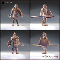 Four-angle digital render sheet of Gladiator 03 by Novaminis showing front, side, rear, and three-quarter views. The rear view reveals a long braid down the back. The side and three-quarter views show the full length of the axe haft and the pronounced bulk of the tower shield. Unpainted resin render.