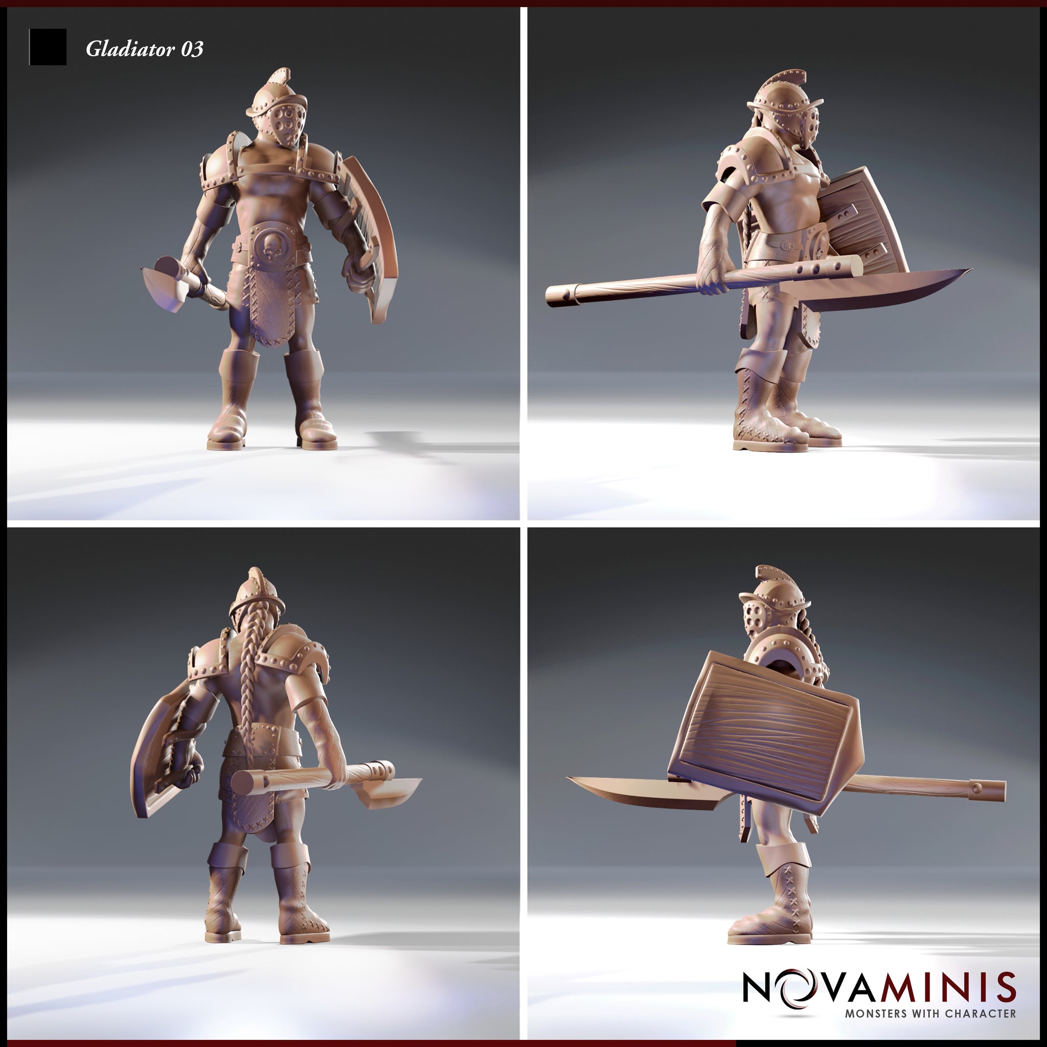 Four-angle digital render sheet of Gladiator 03 by Novaminis showing front, side, rear, and three-quarter views. The rear view reveals a long braid down the back. The side and three-quarter views show the full length of the axe haft and the pronounced bulk of the tower shield. Unpainted resin render.