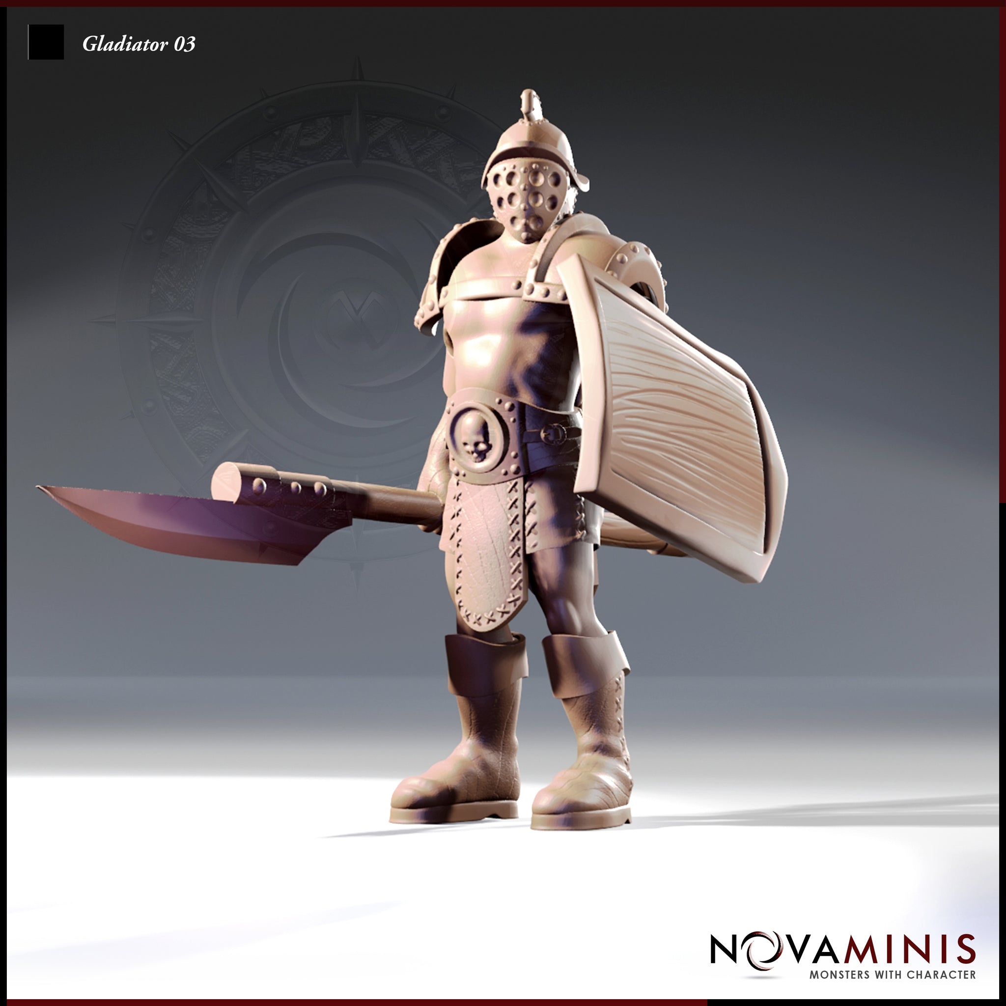 Front-facing digital render of Gladiator 03 by Novaminis — a heavily built human male warrior in a perforated full-face helm, riveted tower shield on his left arm, and a large single-bladed axe held low at his right side. He wears leather pteruges with laced detail, a skull-motif belt buckle, and heavy greaves. Unpainted resin render.