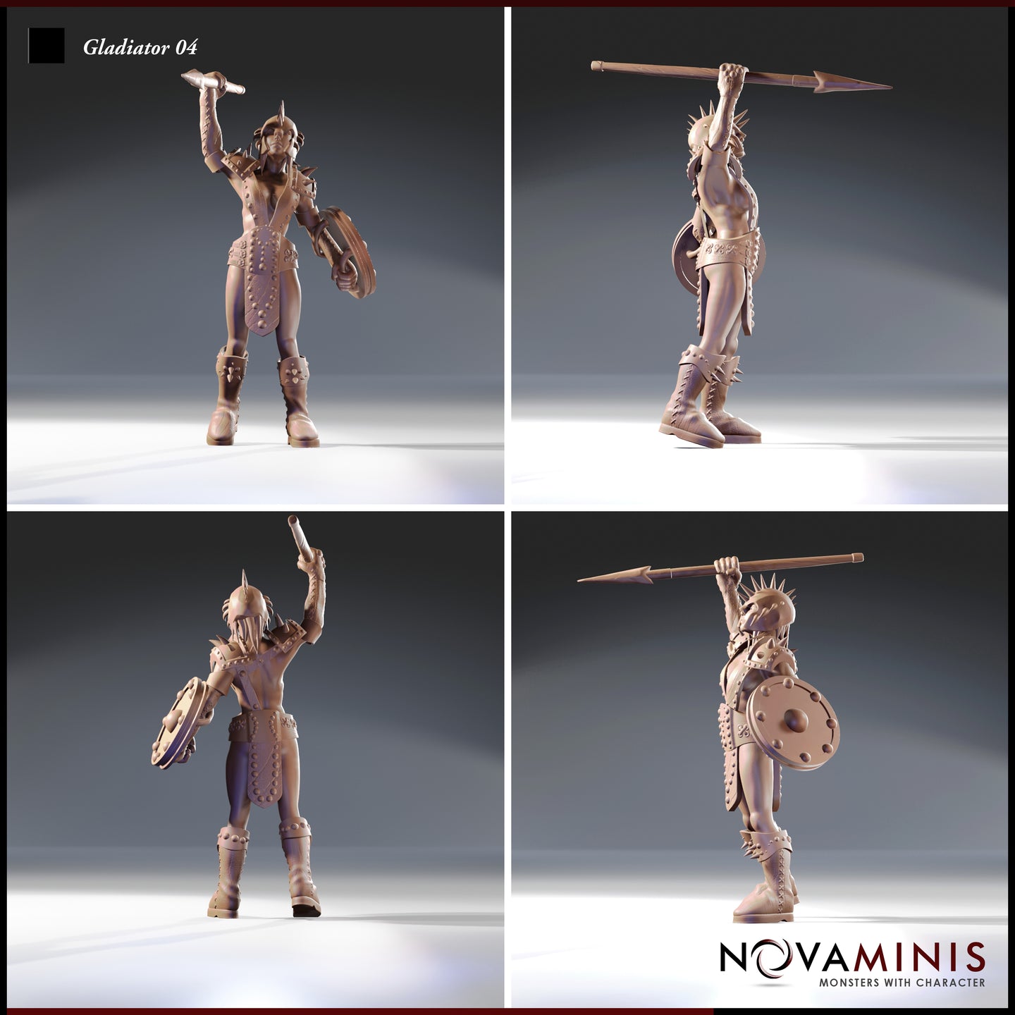 Four-angle digital render sheet of Gladiator 04 by Novaminis — unpainted female gladiator miniature shown from front, back, left, and right, highlighting her spiked helm, braided hair, embossed leather armour, spiked buckler, and overhead spear throw pose