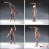 Four-angle digital render sheet of Gladiator 04 by Novaminis — unpainted female gladiator miniature shown from front, back, left, and right, highlighting her spiked helm, braided hair, embossed leather armour, spiked buckler, and overhead spear throw pose