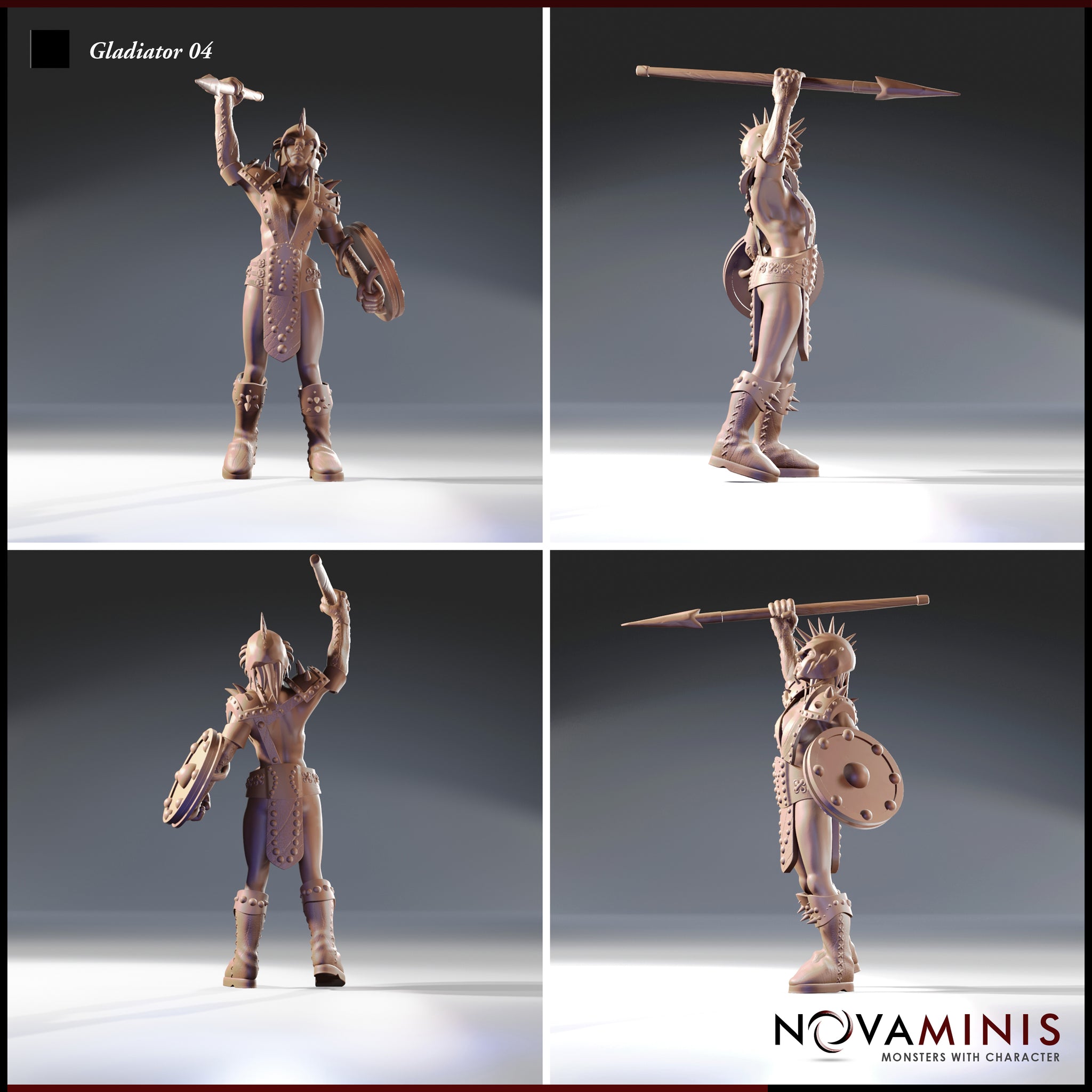 Four-angle digital render sheet of Gladiator 04 by Novaminis — unpainted female gladiator miniature shown from front, back, left, and right, highlighting her spiked helm, braided hair, embossed leather armour, spiked buckler, and overhead spear throw pose