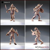 Four-angle render sheet of Gladiator 05 by Novaminis showing front, three-quarter, rear, and side views of the unpainted 32mm resin gladiator miniature, highlighting the spiked helm crest, chain and shoulder spike detail, studded buckler, and laced boot construction from all angles