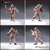 Four-angle render sheet of Gladiator 05 by Novaminis showing front, three-quarter, rear, and side views of the unpainted 32mm resin gladiator miniature, highlighting the spiked helm crest, chain and shoulder spike detail, studded buckler, and laced boot construction from all angles