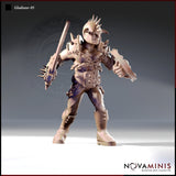 Front-facing render of Gladiator 05 by Novaminis — an unpainted 32mm resin miniature of a muscular human male gladiator in a wide aggressive stance, wearing a spiked helmet, chain-wrapped torso, studded belt, and laced boots, wielding a spiked club in his left hand and a buckler punch-weapon in his right