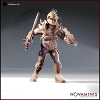 Front-facing render of Gladiator 05 by Novaminis — an unpainted 32mm resin miniature of a muscular human male gladiator in a wide aggressive stance, wearing a spiked helmet, chain-wrapped torso, studded belt, and laced boots, wielding a spiked club in his left hand and a buckler punch-weapon in his right