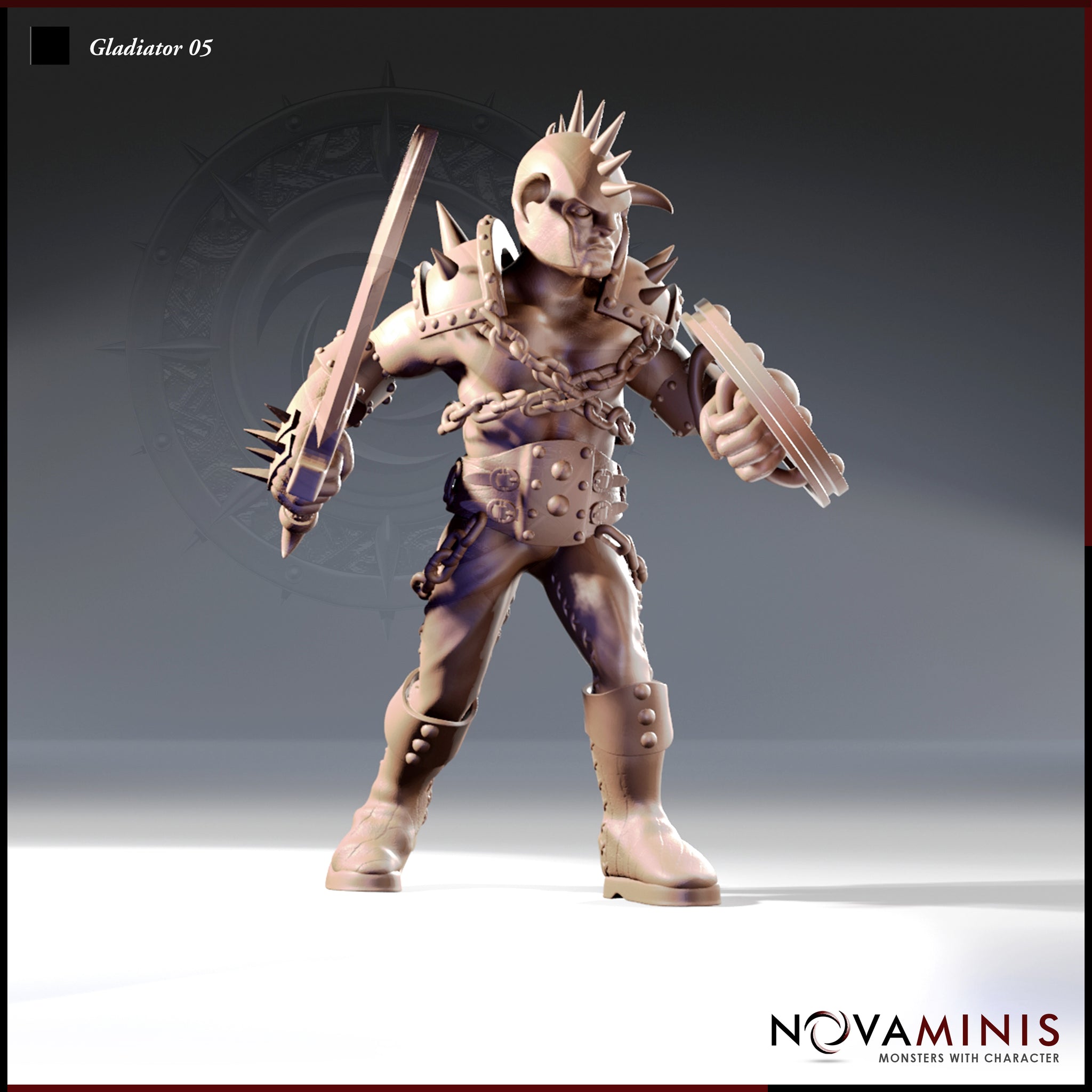 Front-facing render of Gladiator 05 by Novaminis — an unpainted 32mm resin miniature of a muscular human male gladiator in a wide aggressive stance, wearing a spiked helmet, chain-wrapped torso, studded belt, and laced boots, wielding a spiked club in his left hand and a buckler punch-weapon in his right