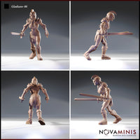 Four-angle digital render of Gladiator 06 by Novaminis showing front, left side, back, and right side views — revealing spiked pauldrons, riveted leather back panels, laced boot detailing, and the dynamic forward-leaning dual-sword pose from all directions