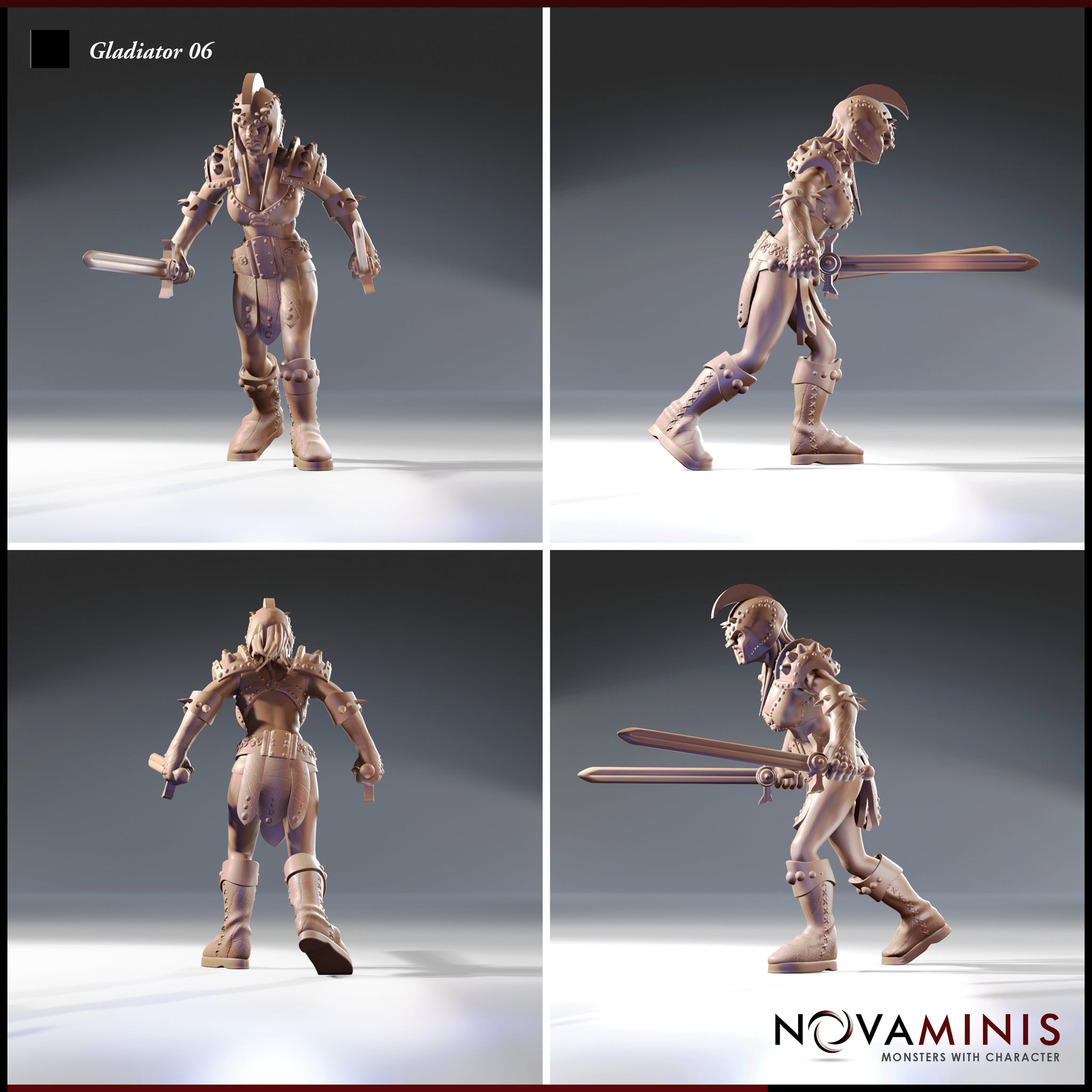 Four-angle digital render of Gladiator 06 by Novaminis showing front, left side, back, and right side views — revealing spiked pauldrons, riveted leather back panels, laced boot detailing, and the dynamic forward-leaning dual-sword pose from all directions