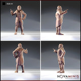 Four-angle render of Noble 01 by Novaminis showing front, back, and side views of a bearded male noble miniature in a fur-trimmed coat with curly hair, pointing gesture, and studded leather boots at 32mm scale
