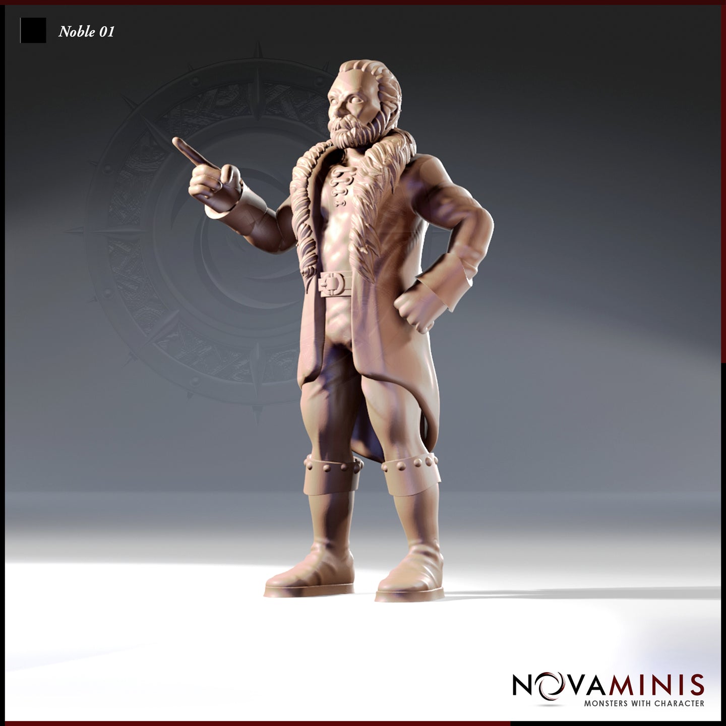32mm scale resin miniature render of Noble 01 by Novaminis — a broad-shouldered bearded male noble in a long fur-trimmed coat, breeches, and studded boots, standing with one hand on his hip and one finger raised in a commanding gesture