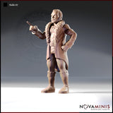 32mm scale resin miniature render of Noble 01 by Novaminis — a broad-shouldered bearded male noble in a long fur-trimmed coat, breeches, and studded boots, standing with one hand on his hip and one finger raised in a commanding gesture