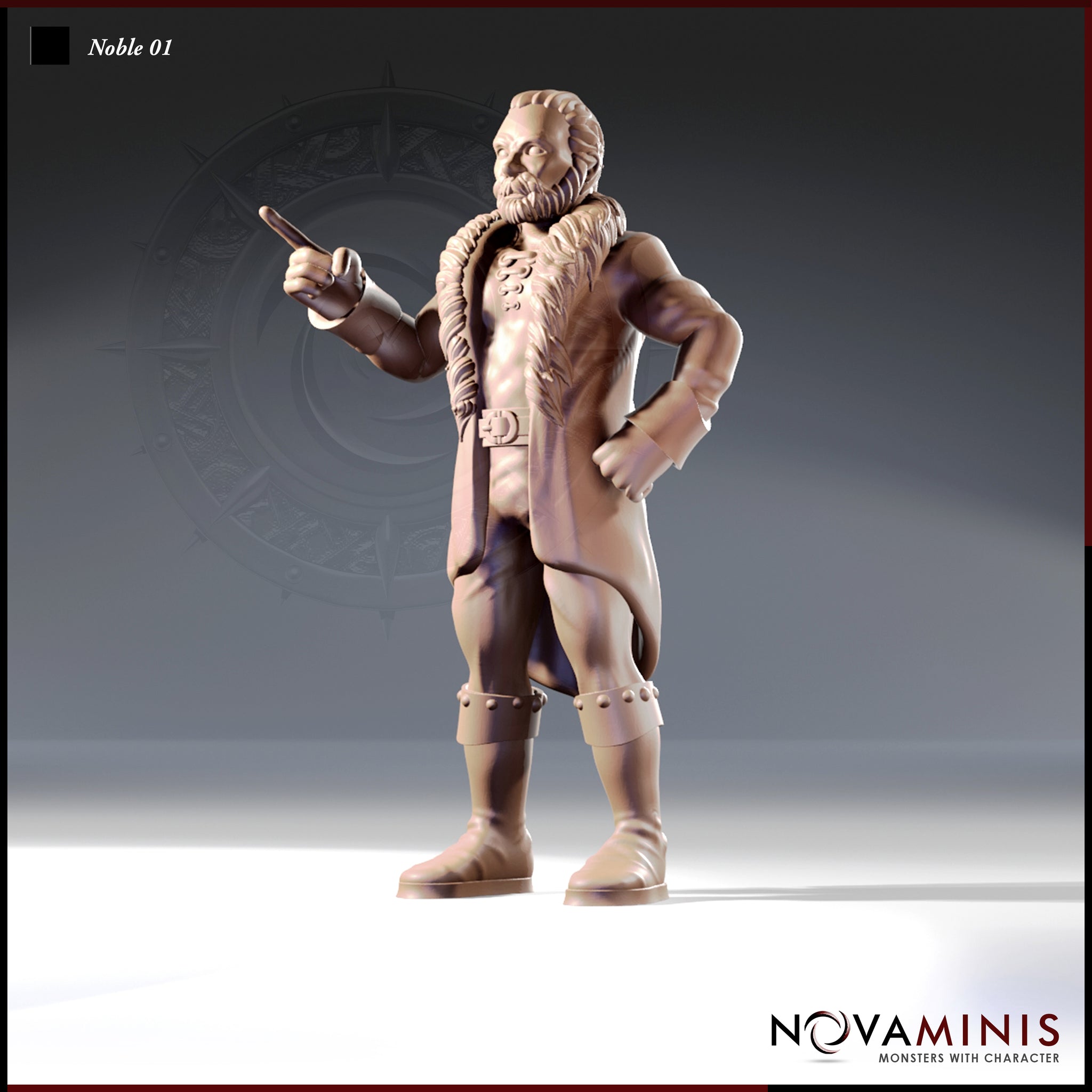 32mm scale resin miniature render of Noble 01 by Novaminis — a broad-shouldered bearded male noble in a long fur-trimmed coat, breeches, and studded boots, standing with one hand on his hip and one finger raised in a commanding gesture