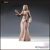 32mm scale resin miniature render of Noble 02 by Novaminis — an elegant female noble in an intricately embossed gown with a heavy chain belt and long beaded braids, arms raised in an open expressive gesture