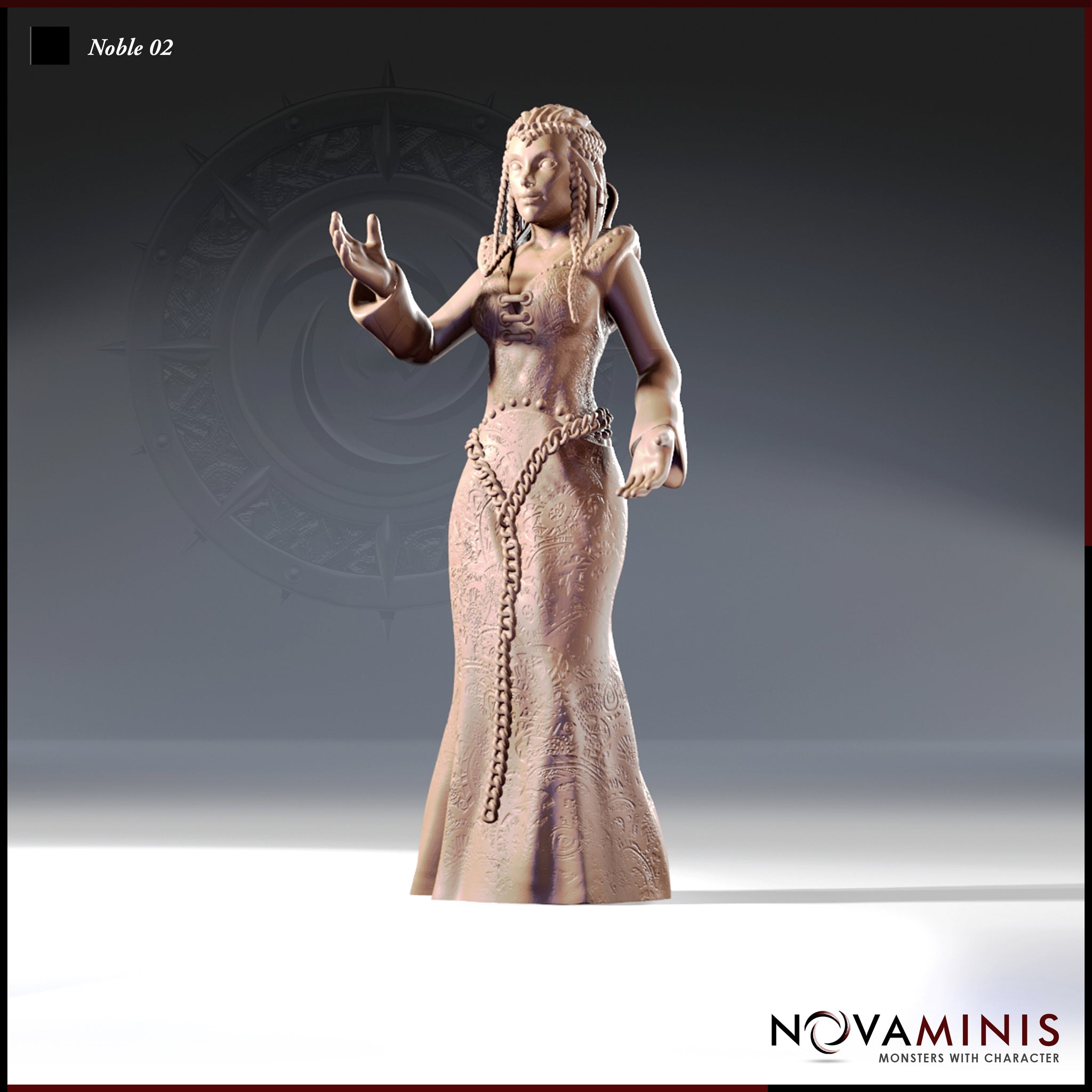32mm scale resin miniature render of Noble 02 by Novaminis — an elegant female noble in an intricately embossed gown with a heavy chain belt and long beaded braids, arms raised in an open expressive gesture