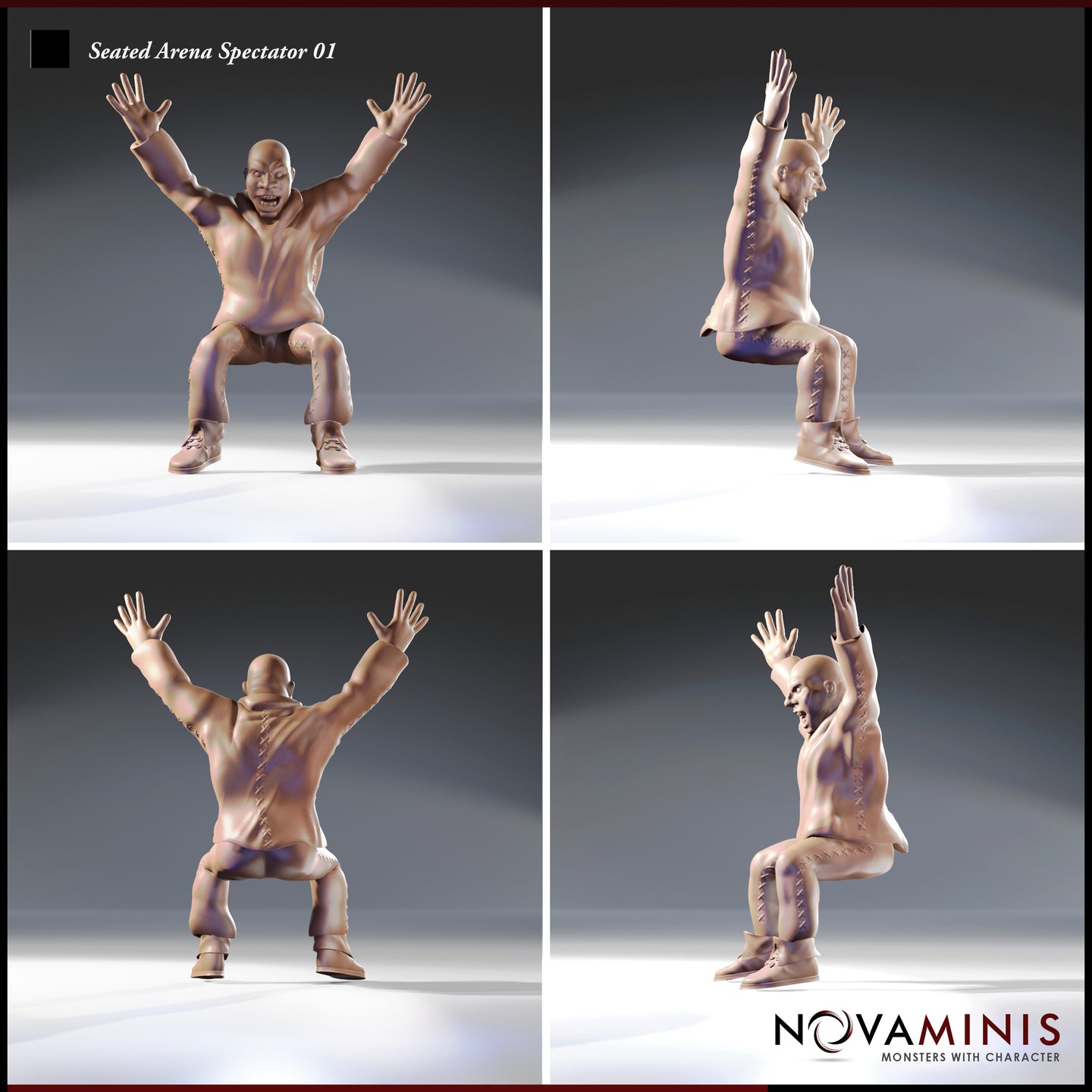 Four-angle turnaround digital render of Seated Arena Spectator 01 showing front, back, and both side profiles — cross-lace stitching detail visible on tunic and trousers, seated cheering pose with arms raised, unpainted